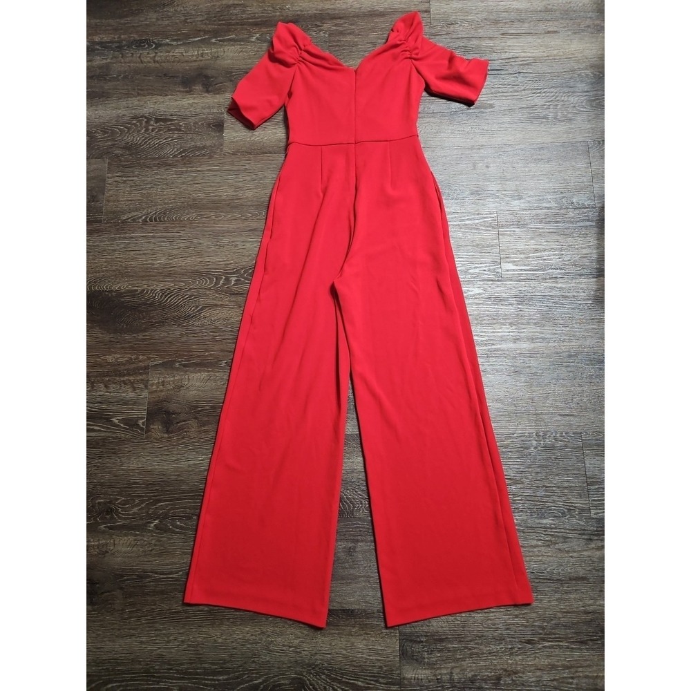 Badgley Mischka Belle Mia Red Rushed Crossover Neckline Wide-leg Jumpsuit Size 2 - Picture 8 of 14